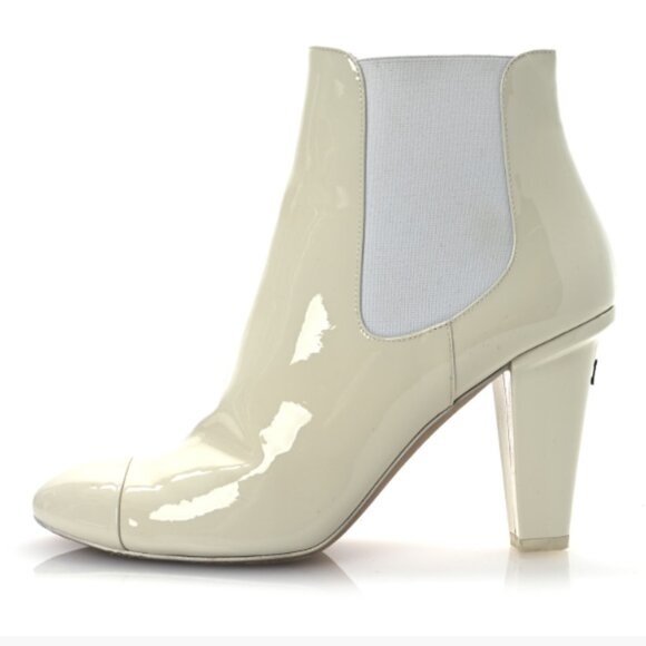 CHANEL Ecru Patent Calfskin Cap Toe Logo Booties, EU 37 - Picture 2 of 7